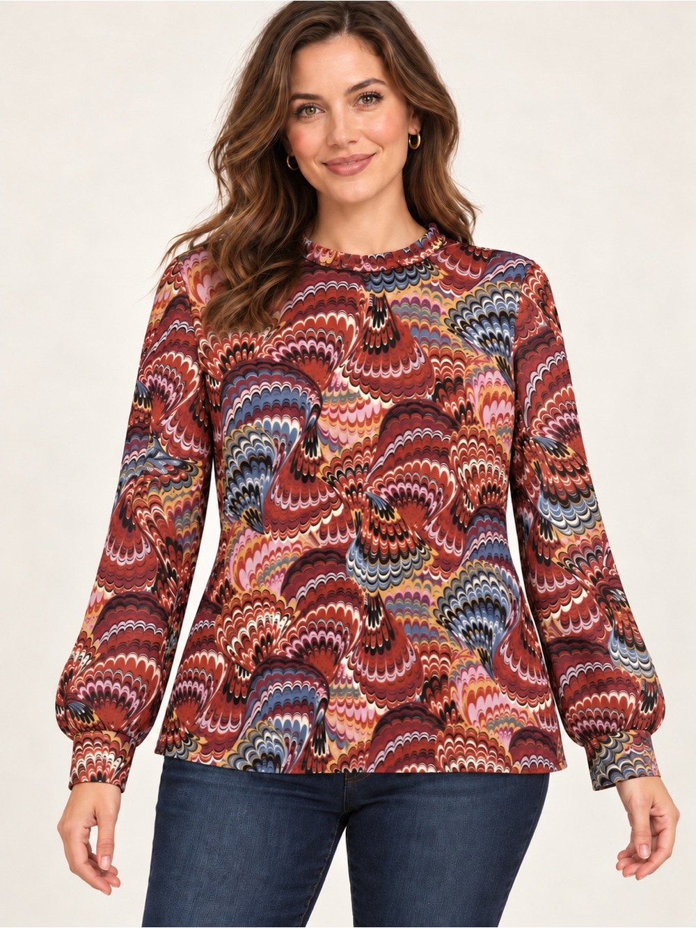 Eclair Marbled Psychedelic Peacock Fan Print Sheer Lined Blouse